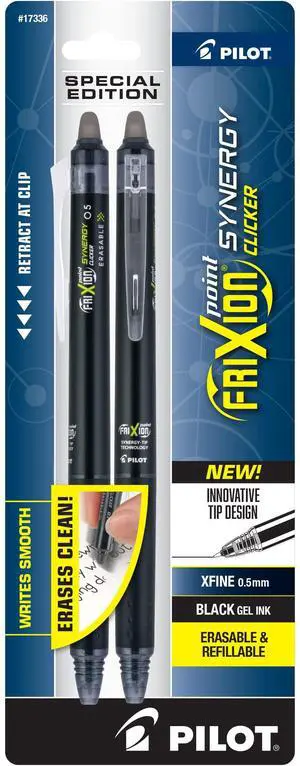 PILOT FriXion Synergy Clicker Erasable Retractable & Refillable Gel Pens, 0.5mm Extra-Fine Point, Black Barrel, Black Ink, Pack Of 2 Pens PILOT FriXion Synergy Clicker Erasable Retractable & Refillable Gel Pens, 0.5mm Extra-Fine Point, Black Barrel, Black Ink, Pack Of 2 Pens