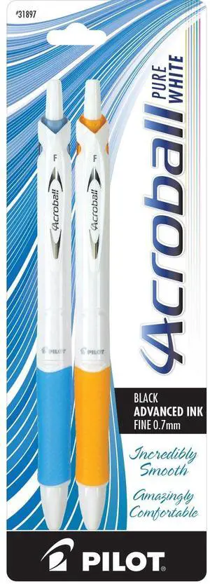 PILOT Acroball PureWhite Advanced Ink Refillable & Retractable Ball Point Pens with Silver Accents, Fine Point, Black Ink PILOT Acroball PureWhite Advanced Ink Refillable & Retractable Ball Point Pens with Silver Accents, Fine Point, Black Ink