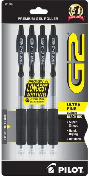 Pilot G2 Premium Refillable and Retractable Rolling Ball Gel Pens, Ultra Fine Point, Gel Ink Pens, 0.38mm, Black Ink, 4-Pack Pilot G2 Premium Refillable and Retractable Rolling Ball Gel Pens, Ultra Fine Point, Gel Ink Pens, 0.38mm, Black Ink, 4-Pack