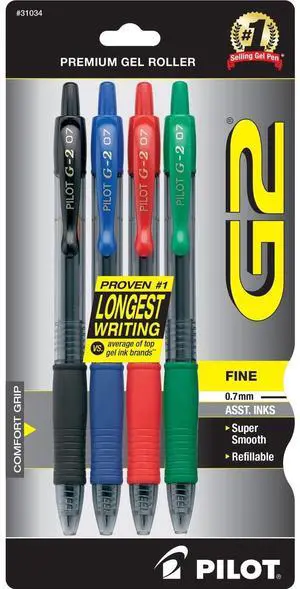 Pilot G2 Retractable Premium Gel Ink Roller Ball Pens, Fine Point, 4-Pack, Assorted Colors, Black/Blue/Red/Green Pilot G2 Retractable Premium Gel Ink Roller Ball Pens, Fine Point, 4-Pack, Assorted Colors, Black/Blue/Red/Green