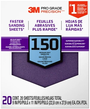 3M Advanced Sandpaper, 20-Pack, 150 Grit, 3M Pro Grade Precision, Features No-Slip Grip Backing, 9-in x 11-in, For Sanding Wood, Drywall, or Metal, Can be on Wet or Dry Surfaces (26150CP-P-G) | 3M Advanced Sandpaper, 20-Pack, 150 Grit, 3M Pro Grade Precision, Features No-Slip Grip Backing, 9-in x 11-in, For Sanding Wood, Drywall, or Metal, Can be on Wet or Dry Surfaces (26150CP-P-G) |