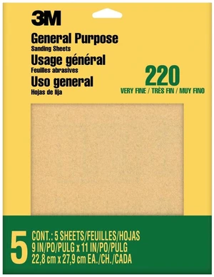 3M Sandpaper, 220 Grit, 5 Sheets, 9 in x 11 in, Sands Paint, Wood & Metal, Great For General Purpose Sanding, Very Fine Aluminum Oxide Sand Paper (9000NA-20) 3M Sandpaper, 220 Grit, 5 Sheets, 9 in x 11 in, Sands Paint, Wood & Metal, Great For General Purpose Sanding, Very Fine Aluminum Oxide Sand Paper (9000NA-20)