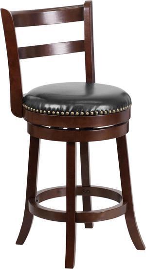 26'' High Cappuccino Wood Counter Height Stool with Single Slat Ladder Back and Black LeatherSoft Swivel Seat