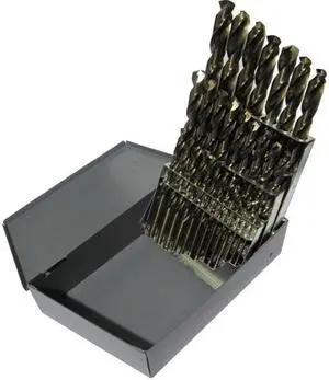 Drill America D/A26S-CO-SET 26 Piece Cobalt Steel Screw Machine Length Drill Bit Set in Metal Case, Gold Oxide Finish, Round Shank, Spiral Flute, 135 Degrees Split Point (Pack of 1)