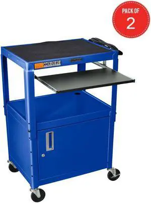 Luxor Adjustable Height Metal Multipurpose Steel AV Utility Cart with Pullout Keyboard Tray and Cabinet - Blue (pack of 2)