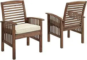 Walker Edison Dark Brown Acacia Patio Chairs with Cushions (Set of 2)