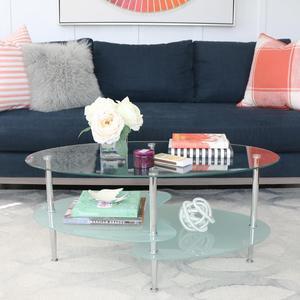 Walker Edison Glass Oval Living Room Metal Coffee Table