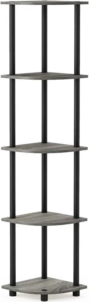 Furinno 99811 Turn-N-Tube 5 Tier Corner Display Rack Multipurpose Shelving Unit, French Oak Grey/Black