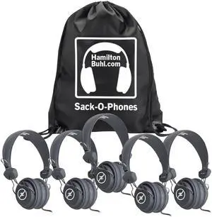 HamiltonBuhl Sack-O-Phones, 5 Gray FavoritzHeadsets with In-Line Microphone and TRRS Plug