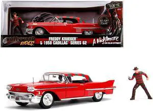 1958 Cadillac Series 62 Red with Freddy Krueger Diecast Figure "A Nightmare on Elm Street" Movie 1/24 Diecast Model Car by Jada