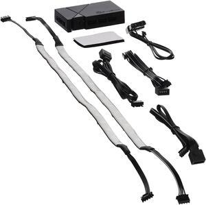 Black plastic cover, 1 * RGB 4pin in, Molex power in, 8 * RGB 4pin out ports, included RGB LED strip x2,2 * 300mm male to female & RGB 4pin extend Y cable