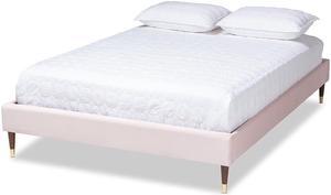 Baxton Studio Volden Glam and Luxe Light Pink Velvet Fabric Upholstered Full Size Wood Platform Bed Frame with Gold-Tone Leg Tips