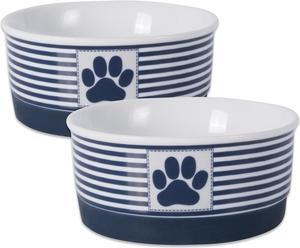 DII Pet Bowl Paw Patch Stripe Nautical Blue Small 4.25dx2h (Set of 2)