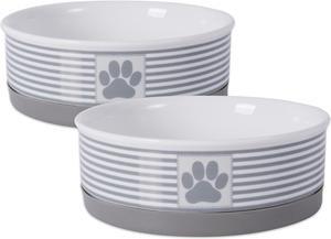 DII Pet Bowl Paw Patch Stripe Gray Medium 6dx2h (Set of 2)