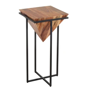 30 Inch Pyramid Shape Wooden Side Table With Cross Metal Base, Brown and Black 30 Inch Pyramid Shape Wooden Side Table With Cross Metal Base, Brown and Black