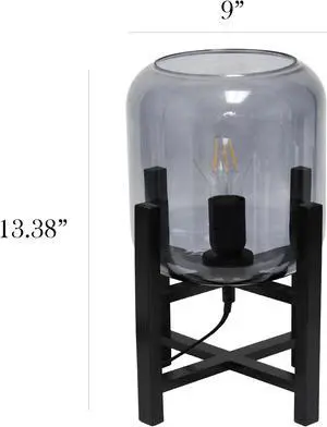 Simple Designs Black Wood Mounted Table Lamp with Smokey Glass Cylinder Shade