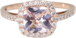 14k Rose Gold Cushion Natural Mined Morganite & Diamond Halo Ring (Pink Morganite & White Diamonds VS2)