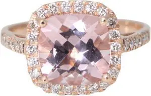14k Rose Gold Cushion Natural Mined Morganite & Diamond Halo Ring (Pink Morganite & White Diamonds VS2)