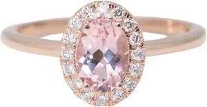 14k Rose Gold Oval Natural Mined Morganite & Diamond Halo Ring (Pink Morganite & White Diamonds VS2)