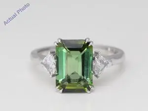 14k Gold Emerald shield Tourmaline Diamond Shield Side Stone Ring (Green Tourmaline White Diamonds VS2)