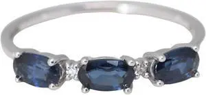 14k Gold Oval Natural Sapphire & Diamond 3 Center Stone Ring (Blue Sapphire & White Diamonds VS2)