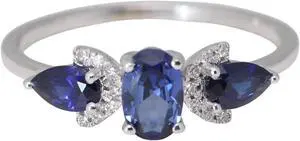 14k White Gold Oval Natural Mined Sapphire Prong Set Three Center Stone Ring (1.2 Ct Blue VS2 Clarity)