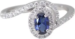 14k Gold Oval Natural Mined Sapphire & Diamond Spiral Halo Ring (Blue Sapphire & White Diamonds VS2)