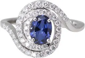 14k Gold Oval Natural Mined Sapphire & Diamond Spiral Halo Ring (Blue Sapphire & White Diamonds VS2)