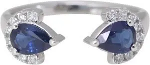 14k Gold Pear Natural Mined Sapphire & Diamond Leaf Pinky Ring (Blue Sapphire & White Diamonds VS2)