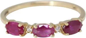 14k Yellow Gold Oval Natural Mined Ruby & Diamond 3 Center Stone Ring (Red Ruby & White Diamonds VS2)