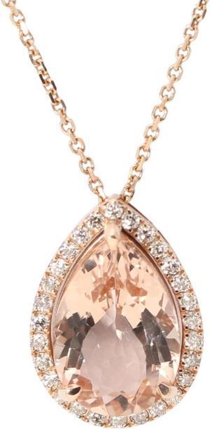 14k Rose Gold Pear Natural Mined Morganite & Diamond Halo Pendant (Peach Morganite & White Diamonds VS2)