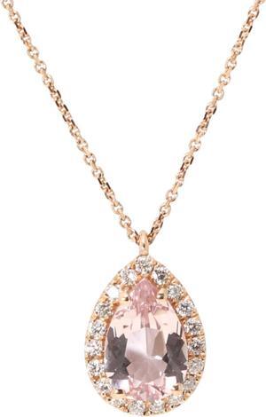 14k Rose Gold Pear Natural Mined Morganite & Diamond Halo Pendant (Peach Morganite & White Diamonds VS2)