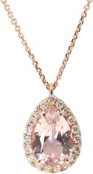 14k Rose Gold Pear Natural Mined Morganite & Diamond Halo Pendant (Pink Morganite & White Diamonds VS2)