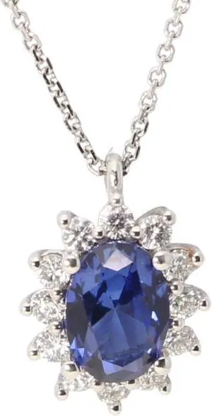 14k Gold Oval Natural Sapphire & Diamond Starburst Halo Pendant (Blue Sapphire & White Diamonds VS2)