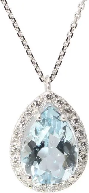 14k Gold Pear Natural Aquamarine & Diamond Halo Pendant (Light Blue Aquamarine & White Diamonds VS2)