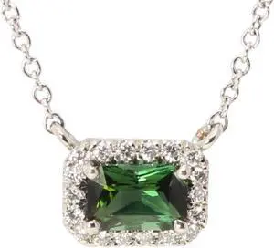 14k Gold Emerald Natural Mined Tourmaline & Diamond Halo Pendant (Green Tourmaline & White Diamonds VS2)
