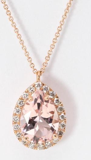 14k Rose Gold Pear Natural Mined Morganite & Diamond Halo Pendant (Pink Morganite & White Diamonds VS2)