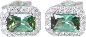 14k Gold Emerald Natural Mined Tourmaline & Diamond Halo Earrings (Green Tourmaline & White Diamonds VS2)