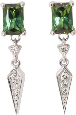 14k Gold Emerald Natural Mined Tourmaline & Diamond Earrings (Green Tourmaline & White Diamonds VS2)
