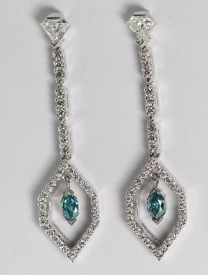 18k White Gold Marquise & Round Cut Diamond Earrings (1.32 Ct, Blue (Color Irradiated) & White Diamonds, VS1-VS2 Clarity)