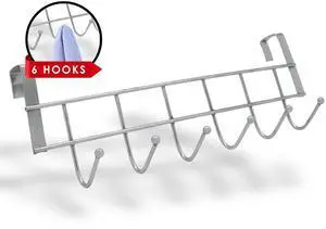 Metal Over Cabinet Door Hook Rack  6 Hook Organizer for Towels, Coats, Hats, and Bags  Hanging Storage for Kitchen, Bathroom, Bedroom  Modern Door Mount Hanger for Cabinets and Drawers  Silver