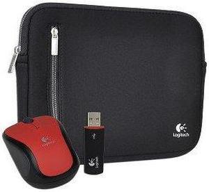 Logitech V220 3-Button Wireless Notebook Optical Scroll Mouse & Neoprene Netbook Sleeve - Fits up to 10.2" (Black/Red)