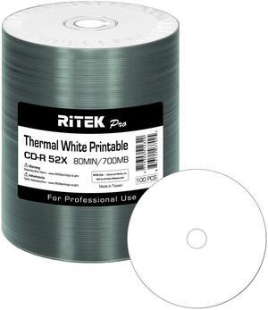 100 Pack Ritek Pro (Professional Grade) CD-R 52X 700MB White Thermal Hub Printable Blank Media Recordable Disc