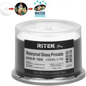 50 Pack Ritek Pro (Professional Grade) DVD-R 16X 4.7GB AZO Dye (MID MXL RG04) Watershield Water Resistant Glossy White Inkjet Hub Printable Blank Recordable Disc