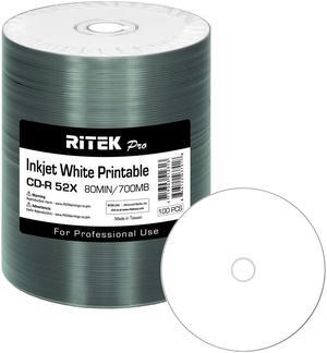 100 Pack Ritek Pro (Professional Grade) CD-R 52X 700MB White Inkjet Hub Printable Blank Media Recordable Disc