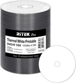 100 Pack Ritek Pro (Professional Grade) DVD-R 16X 4.7GB AZO Dye (MID MXL RG04) White Thermal Hub Printable Blank Media Recordable Disc