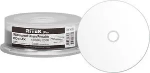 25 Pack Ritek Pro (Professional Grade) BD-R Blu-ray 4X 25GB Watershield Water Resistant Glossy White Inkjet Hub Printable Blank Recordable Disc