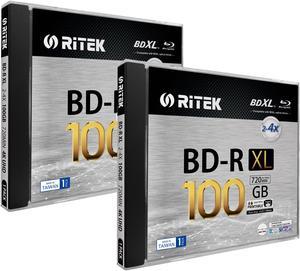 2 Pack Ritek BD-R XL BDXL 100GB Archival Grade Triple Layers 4X White Inkjet Hub Printable Blank Disc w/Standard Jewel Case