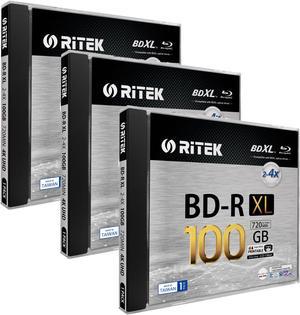 3 Pack Ritek BD-R XL BDXL 100GB Archival Grade Triple Layers 4X White Inkjet Hub Printable Blank Disc w/Standard Jewel Case