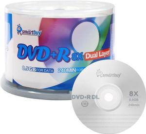50 Pack Smartbuy 8X DVD+R DL 8.5GB Dual Layer Logo Top Blank Media Recordable Disc